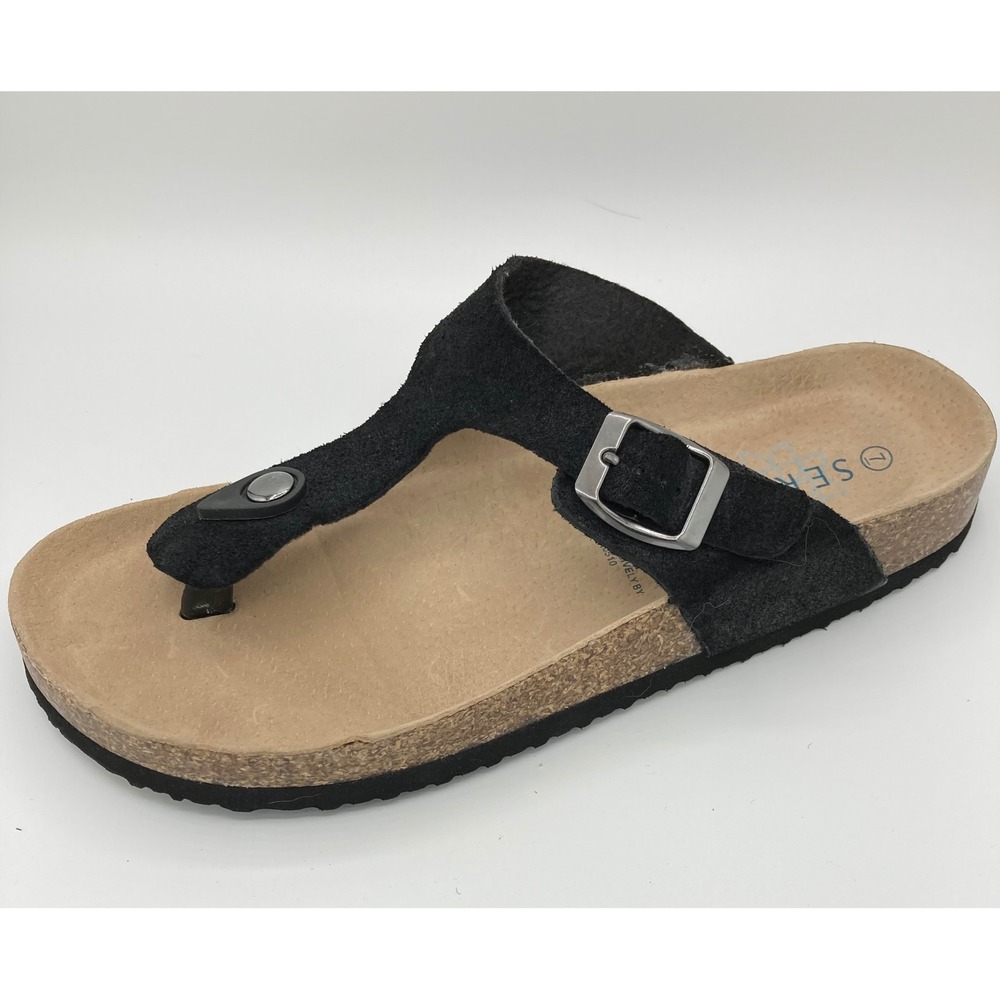 Serra Womens Black Suede Thong Sandals Cork Footbed Buckle Slides Size 7